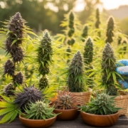 Diverse cannabis strains displayed in natural setting, emphasizing selection and exploration for informed choices at Green Medicine Shop.