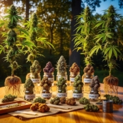 Diverse cannabis strains displayed in jars, showcasing various colors and textures, set in a natural environment to emphasize wellness and recreational use.