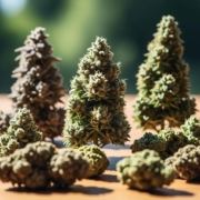 Variety of cannabis strains showcasing unique colors and textures in a natural setting, highlighting their therapeutic effects and local sourcing for quality and safety.