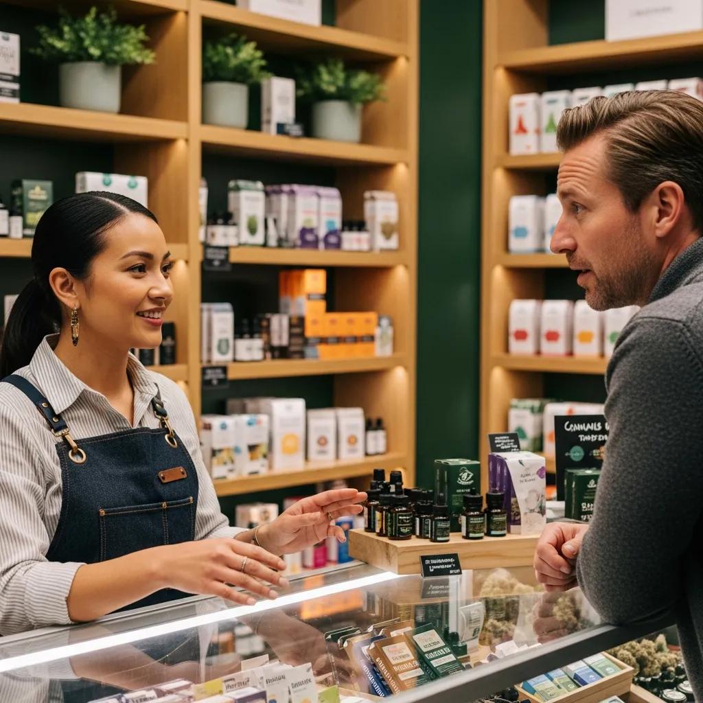 Cannabis expert advising a customer in a dispensary, showcasing product selection and personalized guidance on Sativa and Indica strains.