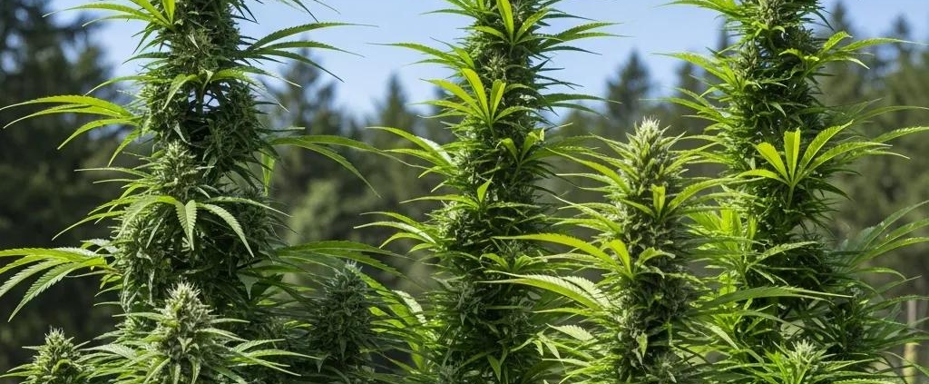 Diverse cannabis plants representing Indica and Sativa strains in a natural outdoor setting, highlighting their unique characteristics and growth.