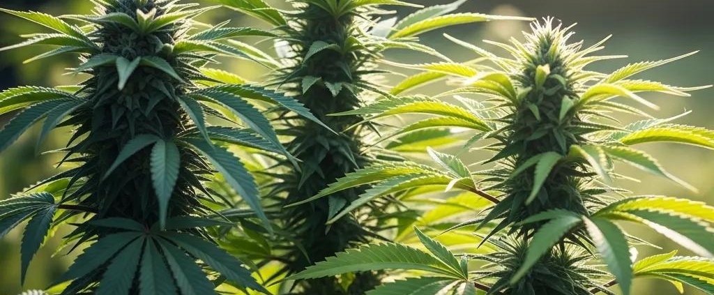 Diverse hybrid cannabis plants showcasing various leaf shapes and colors, highlighting their potential for balanced effects in wellness and therapeutic applications.