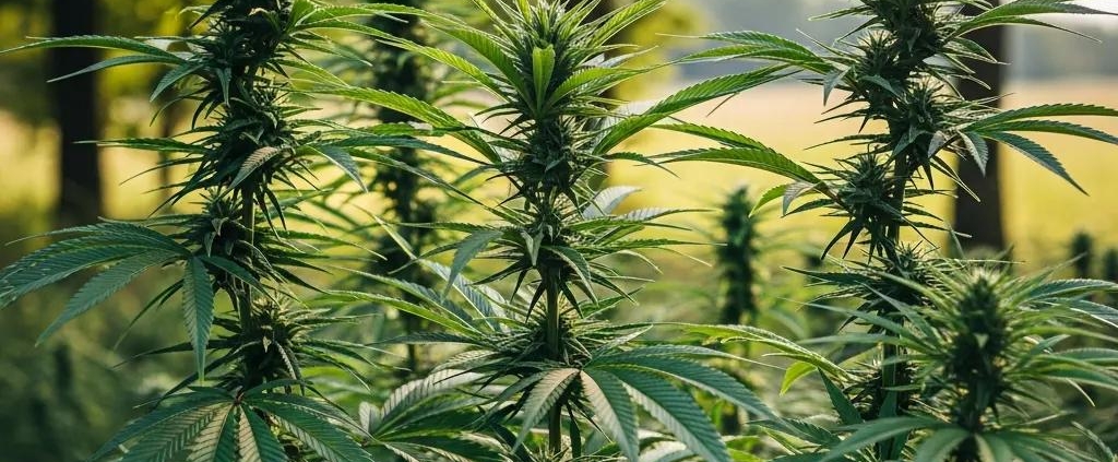 Diverse hybrid cannabis plants showcasing unique leaf shapes and vibrant colors in a natural outdoor setting, highlighting their genetic characteristics and versatility.