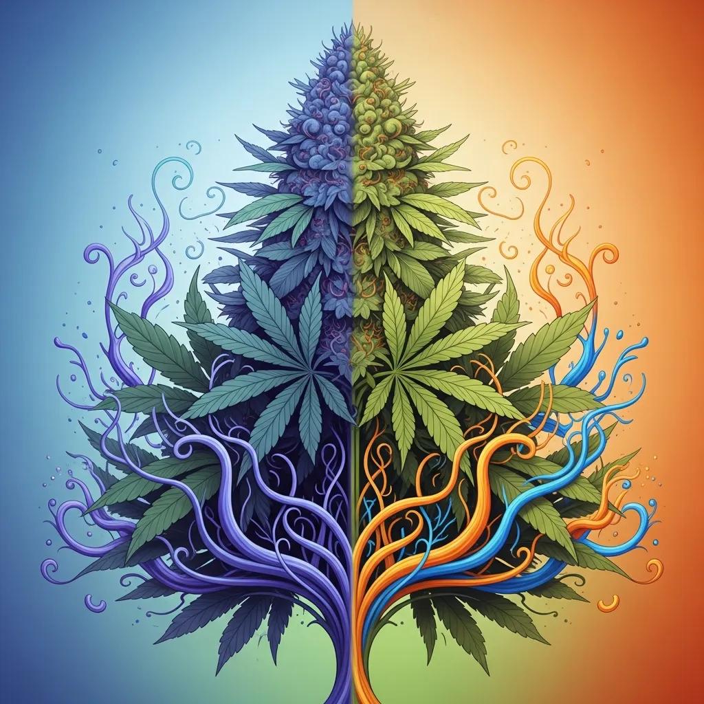 Illustration of hybrid cannabis plant merging indica and sativa characteristics, featuring vibrant colors and intricate leaf patterns, symbolizing the genetic blend in hybrid strains.