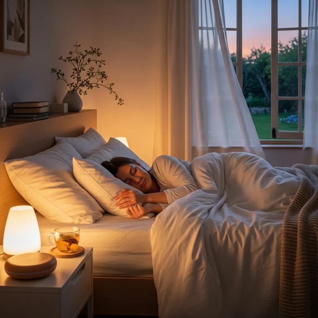 Person peacefully sleeping in a cozy bedroom, representing the sleep benefits of hybrid cannabis strains, with soft lighting and a calming atmosphere.
