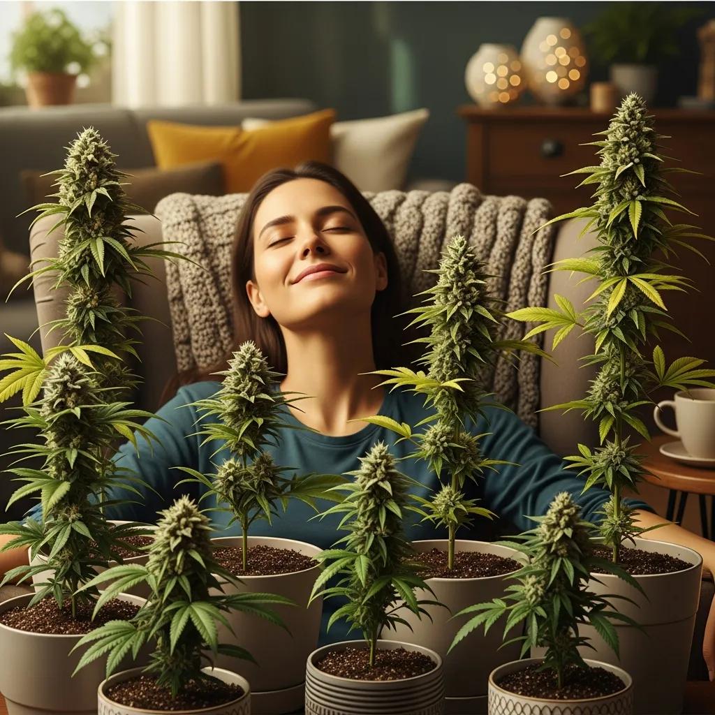 Person experiencing relaxation surrounded by hybrid cannabis plants in a cozy indoor setting, highlighting the therapeutic benefits of hybrid strains for pain relief.