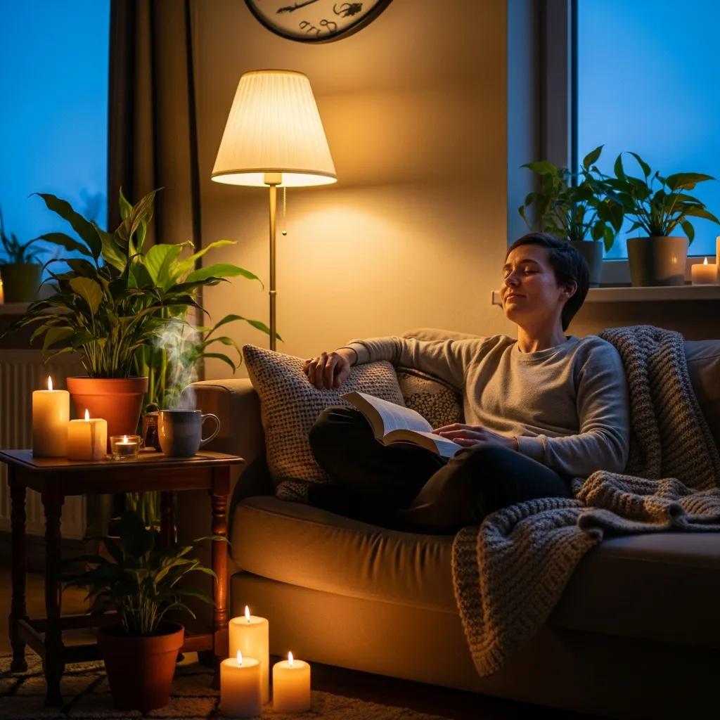 Person relaxing on a cozy sofa with a book, surrounded by candles and plants, representing the calming effects of indica strains.