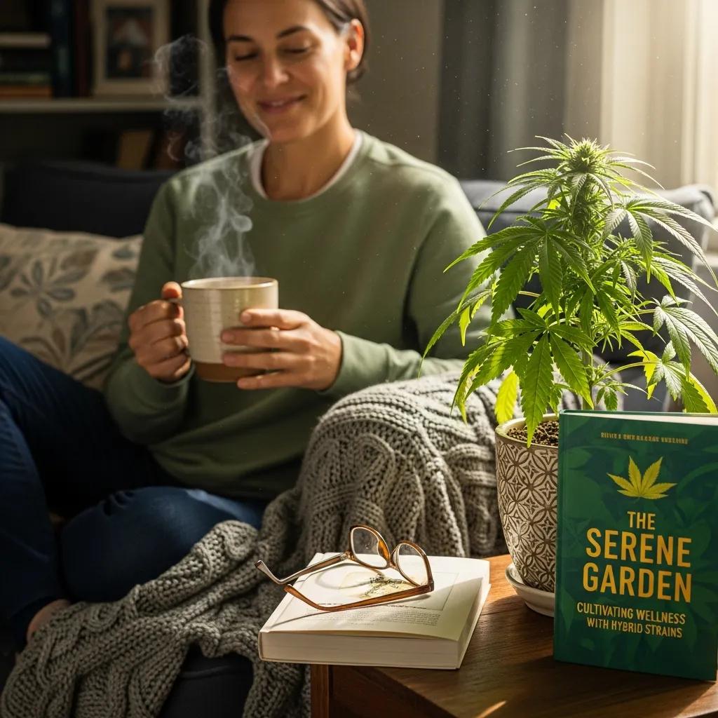 Person enjoying herbal tea in a cozy setting, with a cannabis plant and a book titled "The Serene Garden: Cultivating Wellness with Hybrid Strains," symbolizing the wellness benefits of hybrid weed strains.