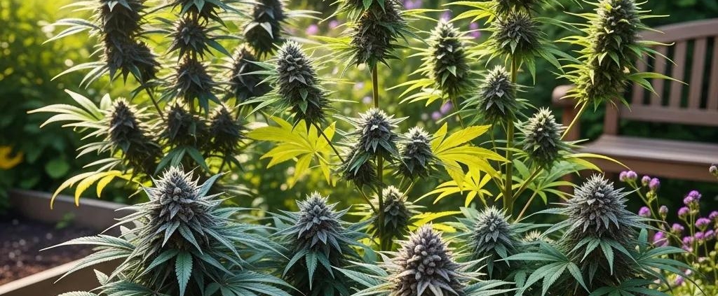 Variety of cannabis strains, including indica and sativa plants, thriving in a lush garden setting, highlighting their distinct characteristics for educational purposes.