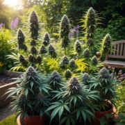 Lush cannabis garden featuring hybrid strains with prominent buds and diverse leaf shapes, highlighting the importance of cannabinoid and terpene profiles in consumer preferences.