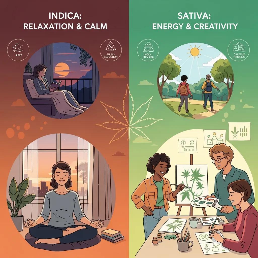Visual representation of Indica and Sativa cannabis strains, highlighting Indica's relaxation and calm benefits with activities like reading and meditation, and Sativa's energy and creativity benefits with outdoor activities and artistic expression.