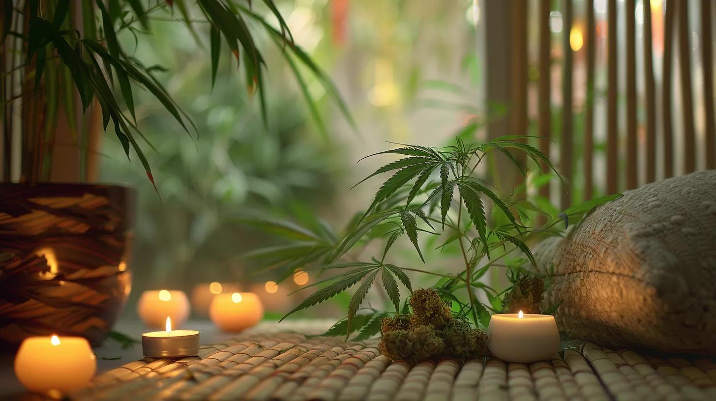 CBD-dominant cannabis strains arranged in a serene setting, emphasizing their therapeutic benefits for anxiety and pain relief