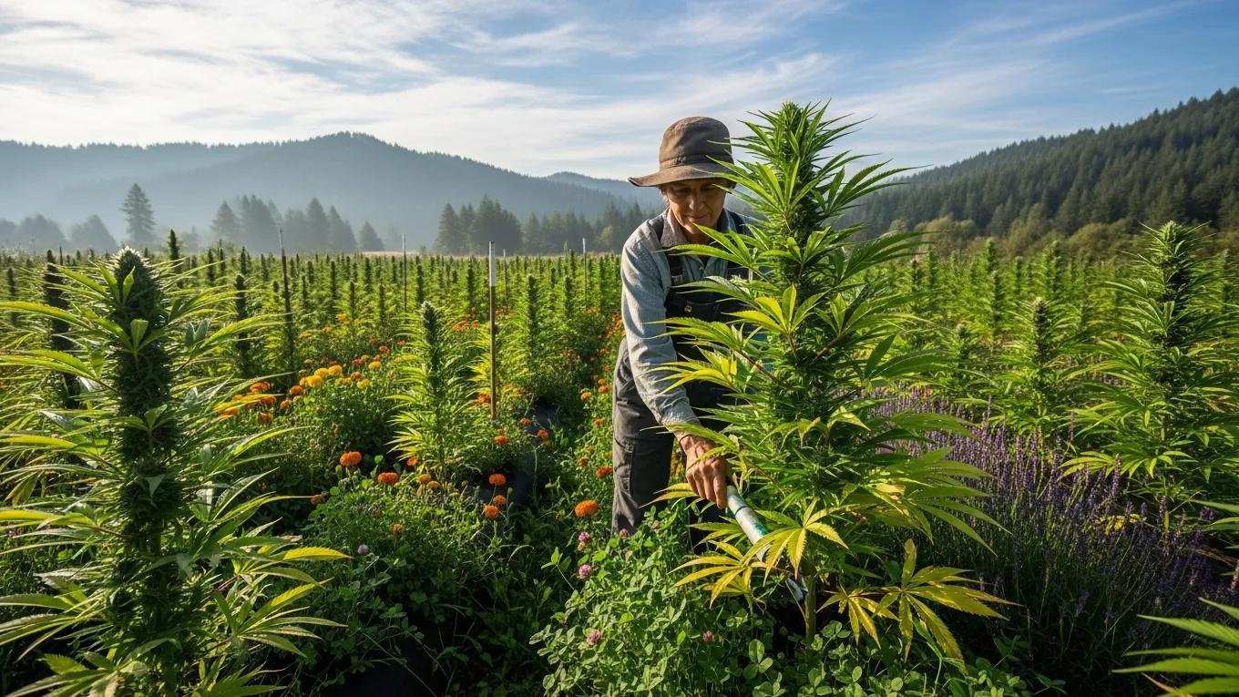 Cannabis grower applying organic farming techniques in a lush cannabis field