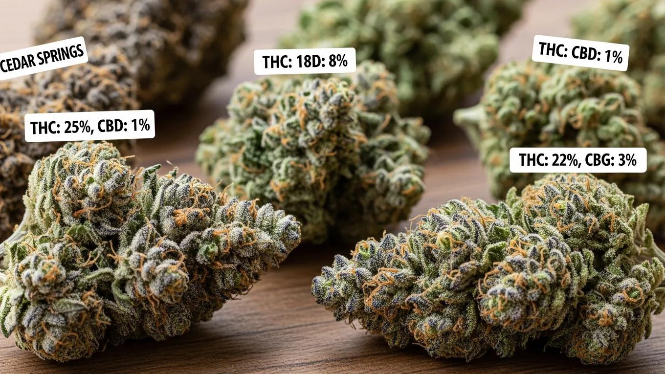 Close-up of cannabis buds highlighting unique cannabinoid profiles on a wooden surface