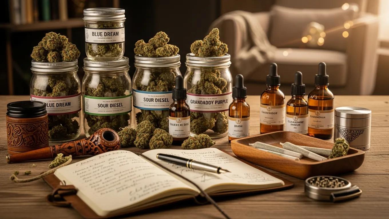 Selection of cannabis products on a wooden table, showcasing various strains for medical use