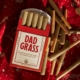 A pack of Dad Grass CBD joints on a red fabric with scattered joints around.