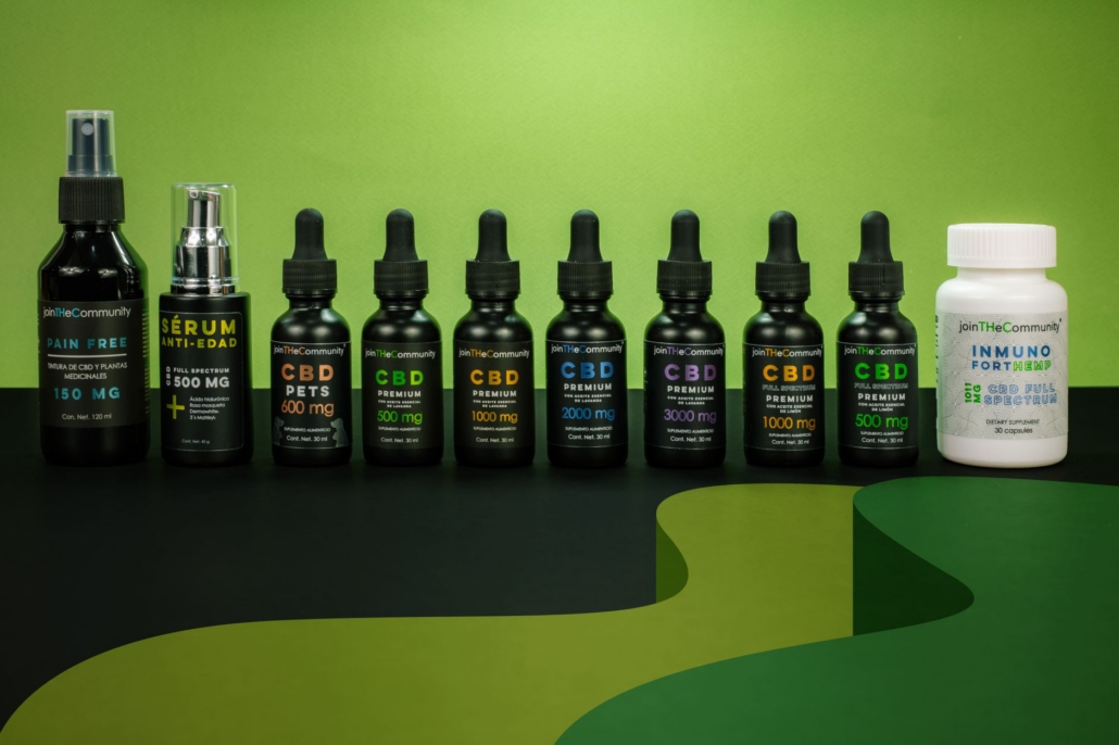 A variety of CBD jars and bottles on a vibrant green backdrop, Mexico City.
