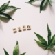 Cannabis leaves arranged around letter tiles spelling 'WEED' on a clean white surface.